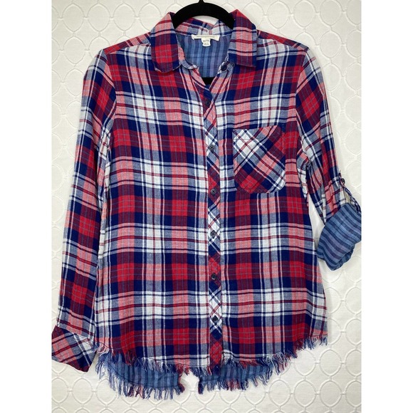 beachlunchlounge Tops - BeachLunchLounge Maxwell Plaid Raw Hem Shirt